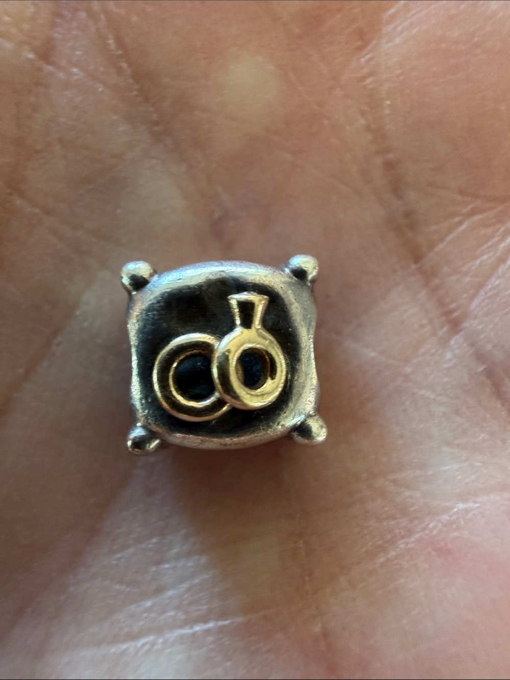 Pandora Sterling Silver Cushion Charm with 14k Gold Ring w/ Real Diamond Motif